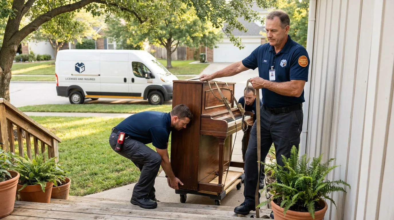 Licensed piano movers securing grand piano in Caldwell, OH