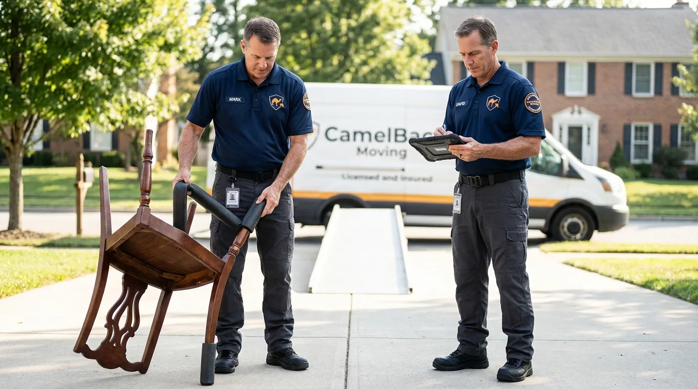 Movers inspecting furniture for damage prevention before loading in Caldwell, OH