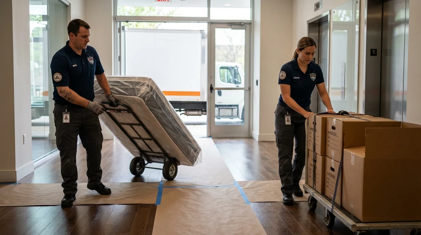 Professional apartment movers loading elevator in Caldwell, OH