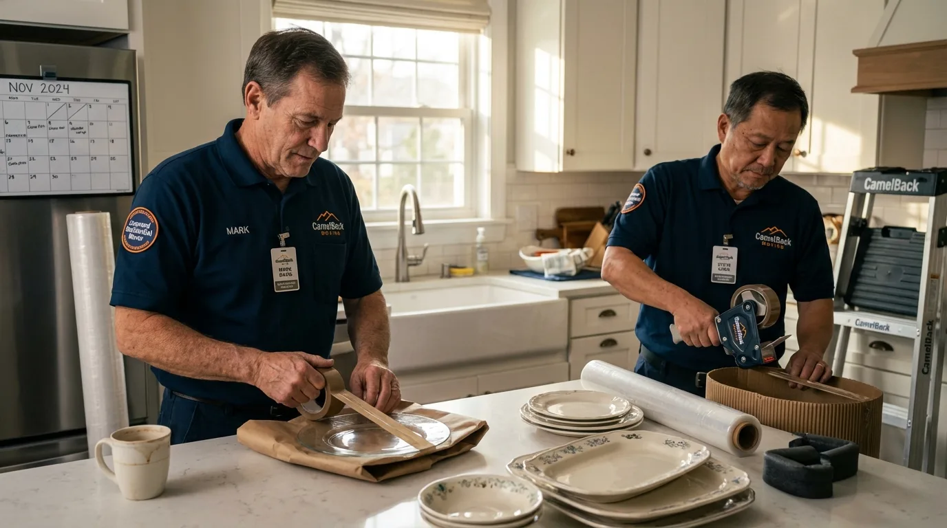 Professional crew packing kitchen dishware in Caldwell, OH